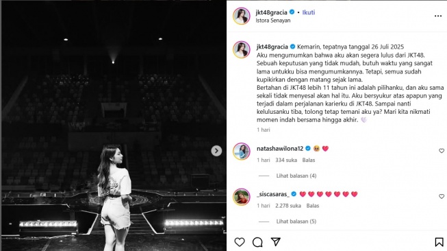 Shania Gracia Umumkan Kelulusan dari JKT48. [Instagram/jkt48gracia]