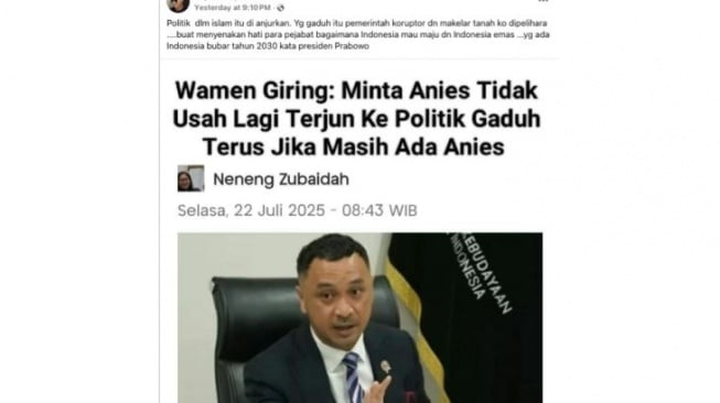 Hoaks Giring mintak Anies berhenti berpolitik. [Dok. Antara]