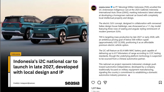 Mobil listrik karya anak bangsa i2c disorot media asing (Instagram)