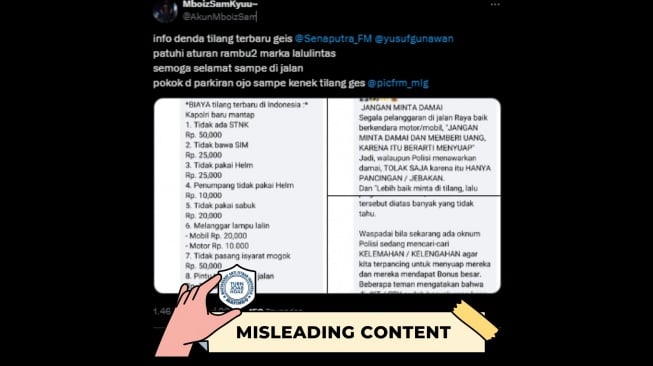 CEK FAKTA, Biaya Tilang Disebut Naik, Kabarnya Viral di X. [TurnBackHoax.id]