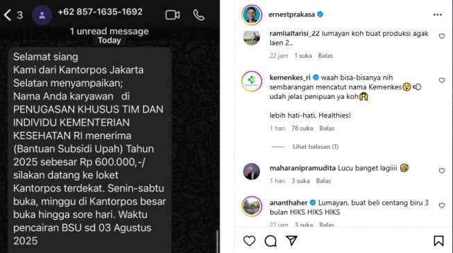 Kemenkes klarifikasi SMS yang diterima Ernest Prakasa soal menerima bantuan subsidi upah atau BSU dari pemerintah (Instagram)