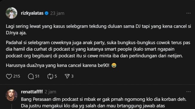 Rizky Alatas dukung Erika Carlina juga kena cancel (Thread/@rizkyalatas)