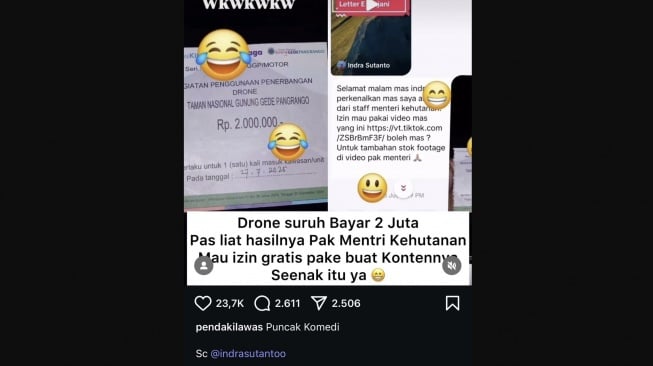 Viral permintaan izin penggunaan video drone dari pihak mengaku staf Menteri Kehutanan. [Instagram@pendakilawas] 