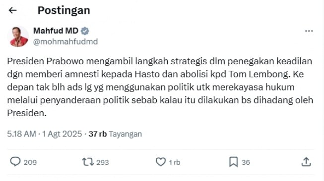 Cuitan Mahfud MD soal Amnesti Hasto dan Abolisi Tom Lembong. [X]