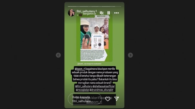 Fitri Salhuteru duga MC Skincare Shella Saukia yang dirilis BPOM RI adalah produk palsu (Instagram/@fitri_salhuteru)