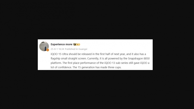 Bocoran iQOO 15 Ultra. [Gizmochina]