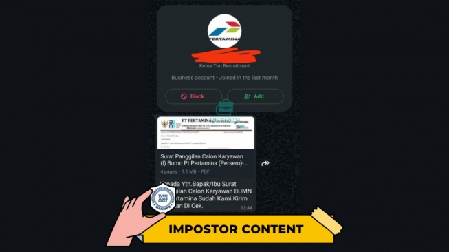 CEK FAKTA, Surat Lamaran Pertamina Disebar Lewat WhatsApp, Benarkah Resmi. [TurnBackHoax.id]