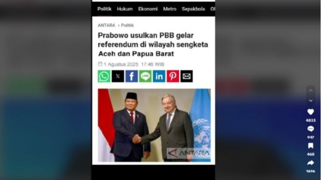 Tangkapan layar berita ANTARA yang diubah judulnya dengan narasi hoaks (TikTok)