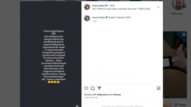 Peramal Umar Kudus Sebut Artis Blasteran Beranak 3 Bakal Cerai. [Instagram]