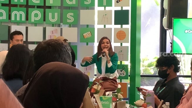 Najwa Shihab dalam jumpa pers Grab Generasi Campus 2025 di kawasan Kebayoran Baru, Jakarta, pada Selasa, 5 Agustus 2025. [Suara.com/Adiyoga Priyambodo]