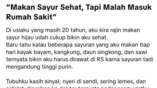 Rajin makan sayur perempuan ini malah kena gagal ginjal