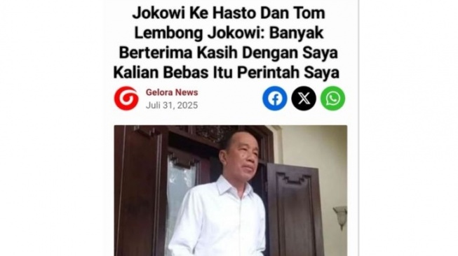 Sebuah unggahan memuat narasi Hasto Kristiyanto dan Tom Lembong bebas atas perintah Jokowi. [Dok. Antara]