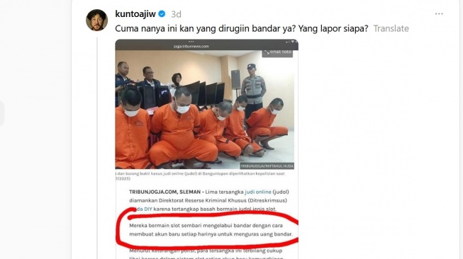 Kunto Aji ikutan heran dengan tindakan polisi yang menangkap lima orang pejudi online, karena gara-gara aksi mereka merugikan bandar. [Threads]