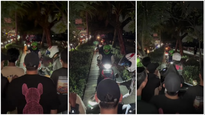 Beberapa pemuda halangi pengendara motor di atas trotoar (Instagram)