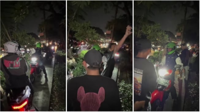 Beberapa pemuda halangi pengendara motor di atas trotoar (Instagram)