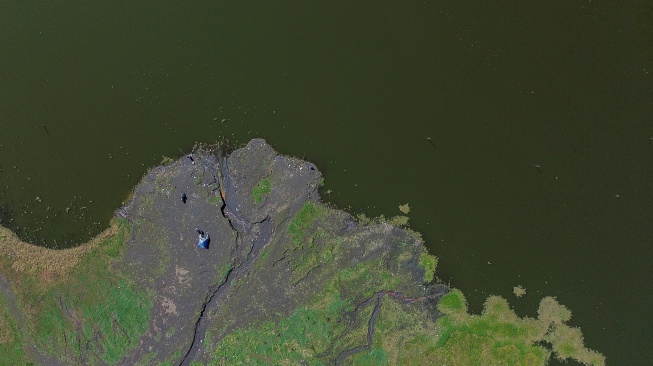 Foto udara kondisi danau Ranu Pani menyusut menjadi 3,4 hektare dari sebelumnya 5,9 hektare di Kawasan Taman Nasional Bromo Tengger Semeru (TNBTS), Lumajang, Jawa Timur, Kamis (7/8/2025). [ANTARA FOTO/Irfan Sumanjaya/agr]