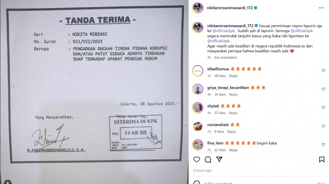 Unggahan laporan Nikita Mirzani di KPK. [Instagram]