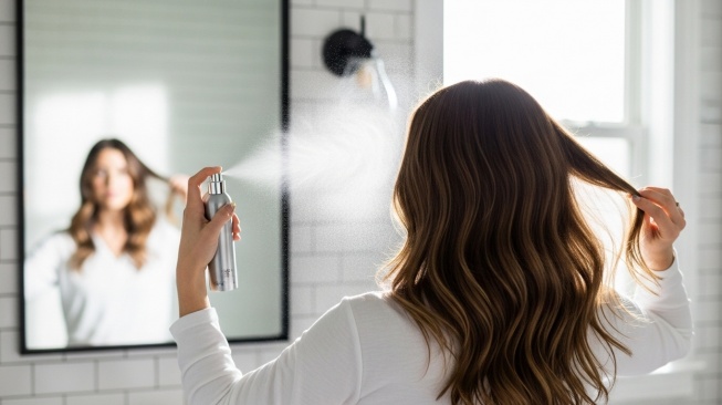 Perempuan menggunakan hair mist (Google Studio AI)