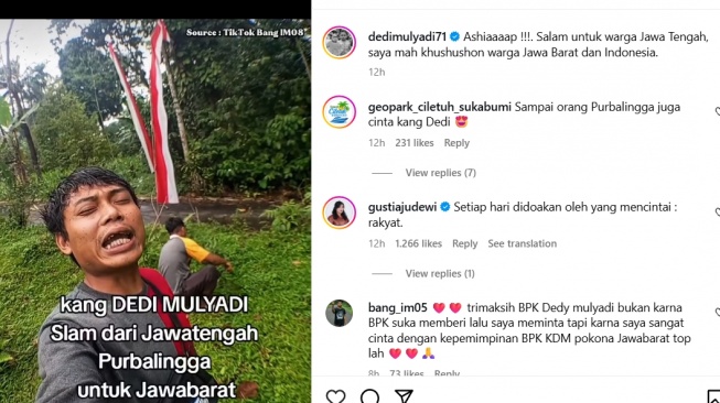 Tangkapan layar video seorang warga Purbalingga curhat ke Dedi Mulyadi Gubernur Jawa Barat susanya jadi pengangguran. Ia pun minta bantuan kambing. [Instagram]