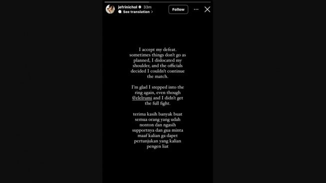 Jefri Nichol Akui Kekalahan dari El Rumi. [Instagram]