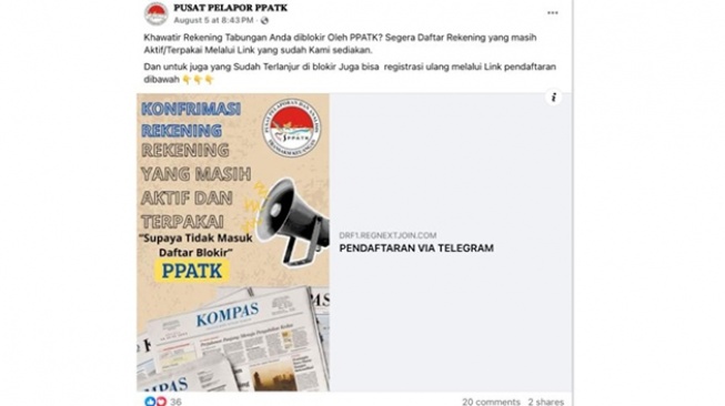 Hoaks link untuk membuka rekening yang diblokir PPATK. [Ist]