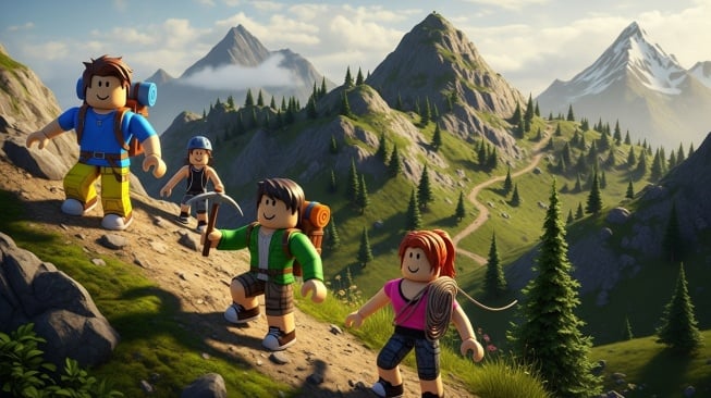 Ilustrasi mendaki gunung di game Roblox. [AI Imagen 4]