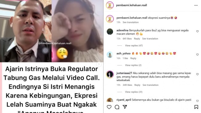 Tangkapan layar unggahan seorang istri menangis saat tidak bisa memasng regulator gas .