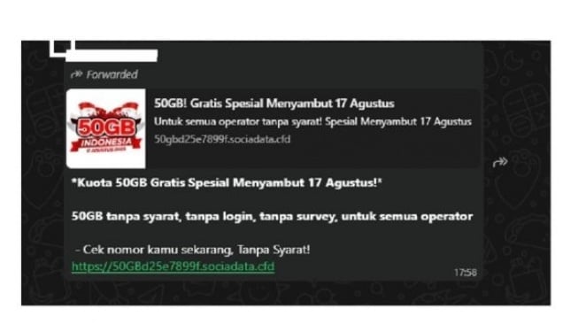 Hoaks Tautan Kuota Internet Gratis 50 GB Sambut HUT ke-80 RI Beredar. [Dok. Istimewa]