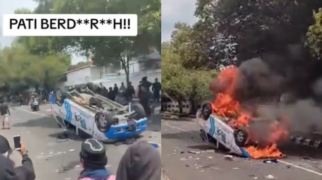 Mobil polisi yang dibakar demonstran di Pati saat insiden demo Pati (TikTok)