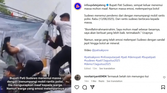 Tangkapan layar video dari Instagram @infoupdatejateng, menunjukan detik-detik Bupati Pati Sudewo dihujani lemparan botol dan sendal.