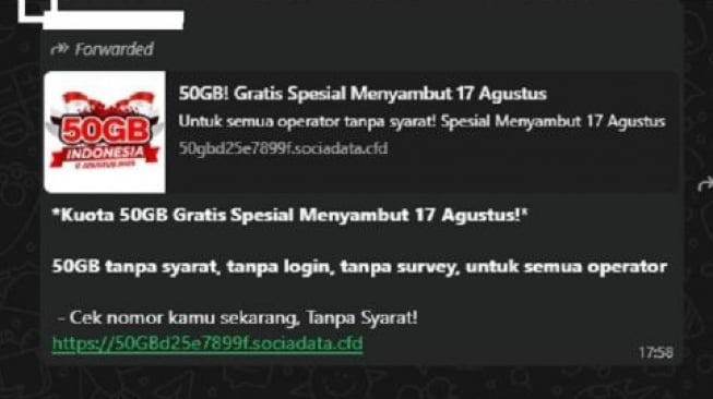 Hoaks kuota internet gratis 50 GB sambut Hari Kemerdekaan. [Ist]