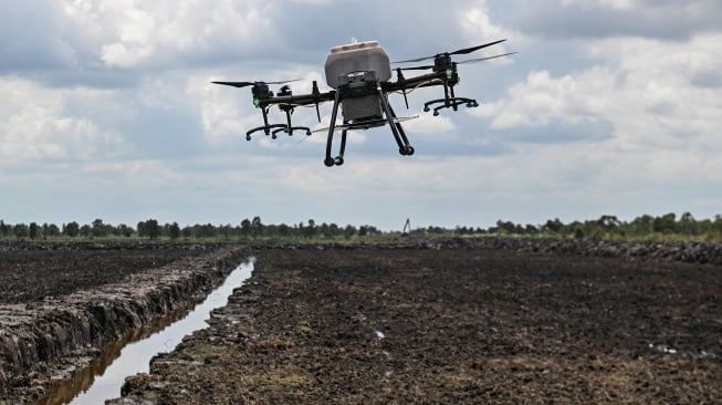 Sebuah drone bersiap menebarkan benih padi saat tanam perdana di lokasi cetak sawah rakyat (CSR) di kawasan Bati-Bati, Tanah Laut, Kalimantan Selatan, Selasa (12/8/2025). [ANTARA FOTO/Hafidz Mubarak A/YU]