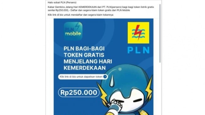 Beredar hoaks PLN bagikan tautan token listrik gratis Rp 250 ribu di HUT ke-80 RI. [Dok. Istimewa]