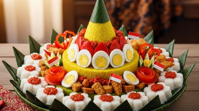 Ilustrasi ide menghias tumpeng 17 agustus. (Google AI Studio)