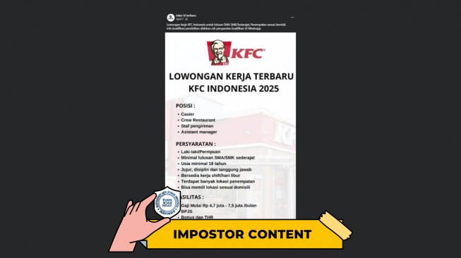 CEK FAKTA, Lowongan Kerja KFC Indonesia di Facebook, Benar atau Tipuan. [TurnBackHoax.id]