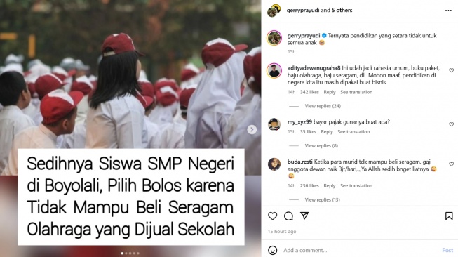 Tangkapan layar Siswa bolos sekolah karena tak mampu beli seragam. [Instagram]