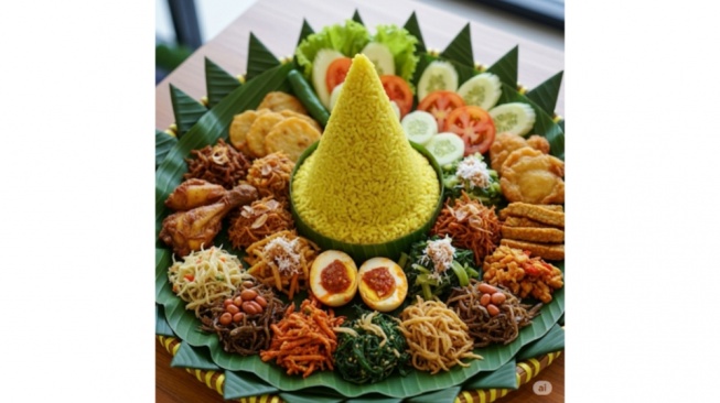Ilustrasi Nasi Tumpeng - Resep Nasi Tumpeng yang Tidak Ambyar (Gemini AI)