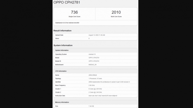 Geekbench Oppo A6 Pro 5G. [Gizmochina]