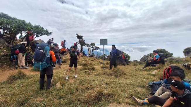 Ribuan pendaki memadati jalur pendakian Gunung Bawakaraeng pada Minggu (17/8/2025) [Suara.com/Basarnas]