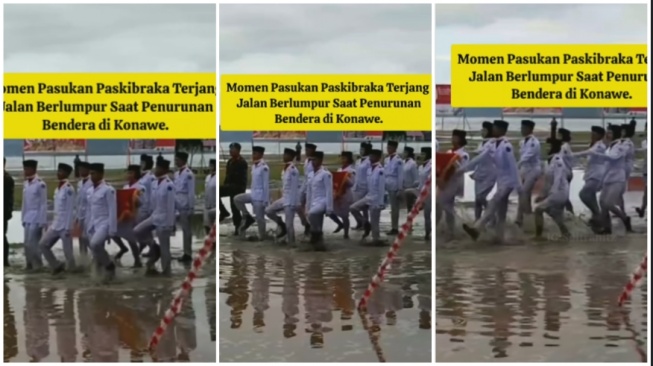 Paskibraka sukses menunurunkan Bendera Merah Putih di tengah lapangan yang becek dan berlumpur (Instagram)
