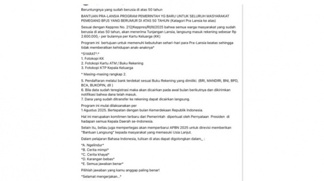 Hoaks bantuan Rp2,6 juta per bulan untuk lansia. [Ist]