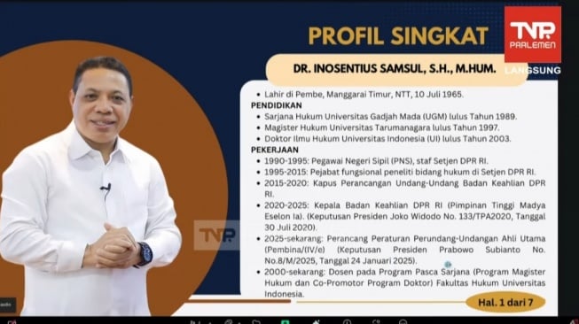 Profil Kepala Badan Keahlian DPR RI yang juga Calon Hakim MK, Inosentius Samsul. (tangkap layar)