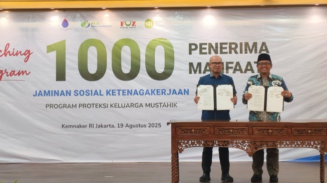 Acara peluncuran program 1.000 Mustahik Penerima Manfaat Jaminan Sosial Ketenagakerjaan berlangsung di Kementerian Ketenagakerjaan RI, Jakarta, pada Selasa (19/8/2025) (Dok: Baznas)