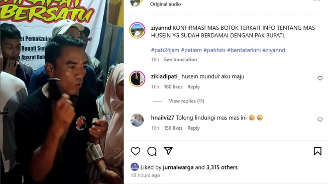 Korlap Aksi Masyarakat Pati Bersatu Supriyono alias Botok menyatakan akan terus menggelar demonstrasi menurunkan Bupati Sudewo, meski salah satu inisisiator aksi, Husein menyatakan berdamai dan mundur. [Tangkapan layar]