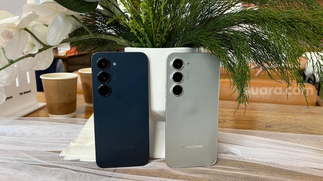 Tecno Spark 40 Pro yang resmi diluncurkan ke Indonesia pada Kamis (21/8/2025). [Suara.com/Dicky Prastya]