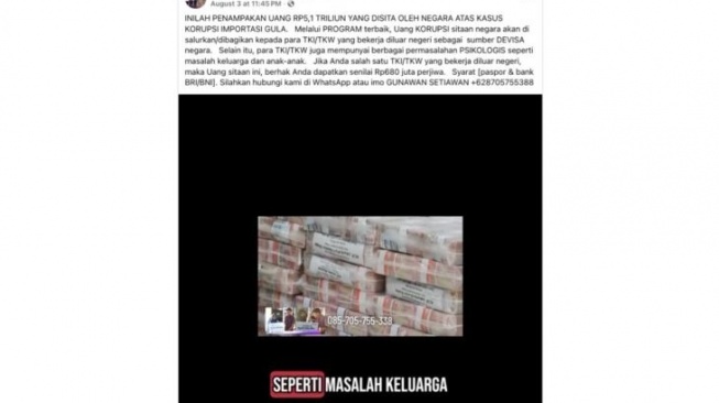 Hoaks pemerintah bagikan uang korupsi untuk pekerja migran Indonesia. [Dok. Antara]