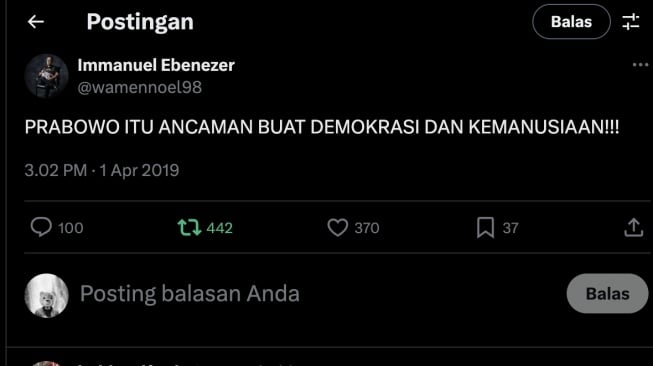 Cuitan lama Immanuel Ebenezer pada 2019 viral lagi [X/Immanuel Ebenezer]