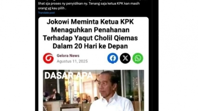 Hoaks Jokowi minta Ketua KPK tangguhkan penahanan Yaqut Cholil. [Dok. Antara]