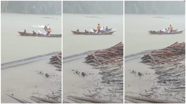 Para bocah SD berjibaku melewati derasnya sungai saat hujan demi pergi ke sekolah (Instagram)