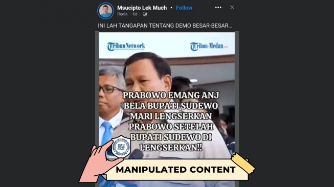 CEK FAKTA, Prabowo Bela Bupati Pati Sudewo. [TurnBackHoax.id]